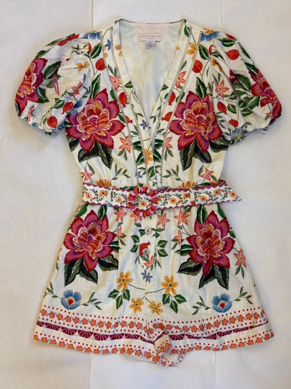 Caroline Constas Floral Multicolor Short Sleeves Linen Blend Off White Romper